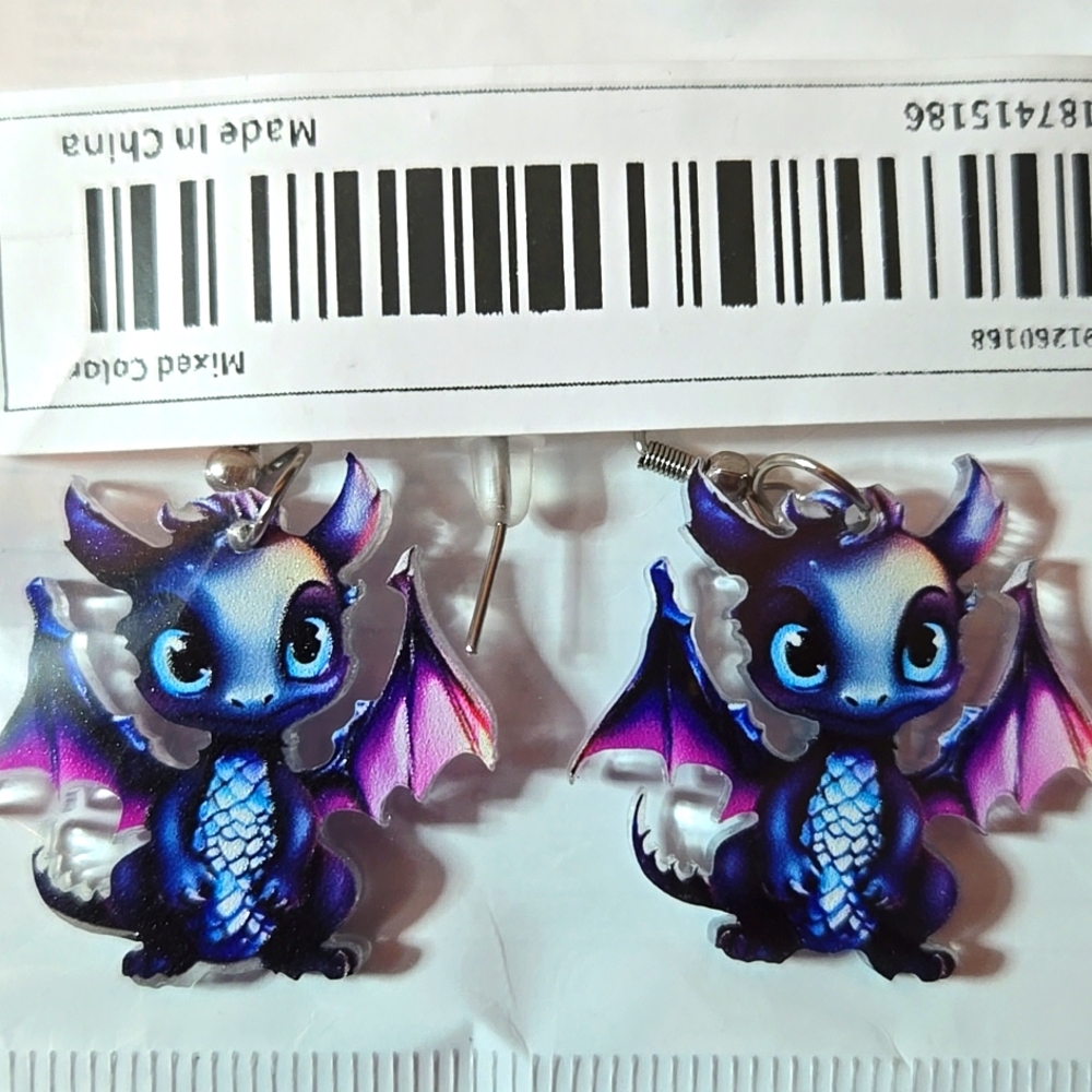 🧙 👻Charming Purple and Blue Whimsical Fantasy Baby Dragon Earrings HALLOWEEN - Picture 6 of 8